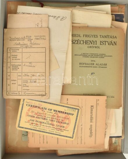 Egy doboznyi vegyes papírrégiség tétel, benne szavazólap, engedélyek, újságok, okiratok