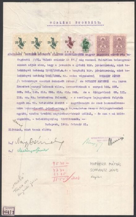 1942 Bp., Jelzálogjog törléséről szóló okmány 7 db illetékbélyeggel
