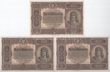 1920. 100K (3x) 'Orell Füssli Zürich' nyomdahely jelöléssel T:II-III szép papír Adamo K29