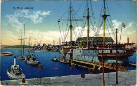 1915 Pola, Pula; SMS Bellona az Osztrák-Magyar Haditengerészet uszály laktanyája a matrózoknak a kikötőben (ex SMS Kaiser) / K.u.K. Kriegsmarine Wohnschiff / WWI Austro-Hungarian Navy Barracks ship for mariners, naval base. G. Costalunga,