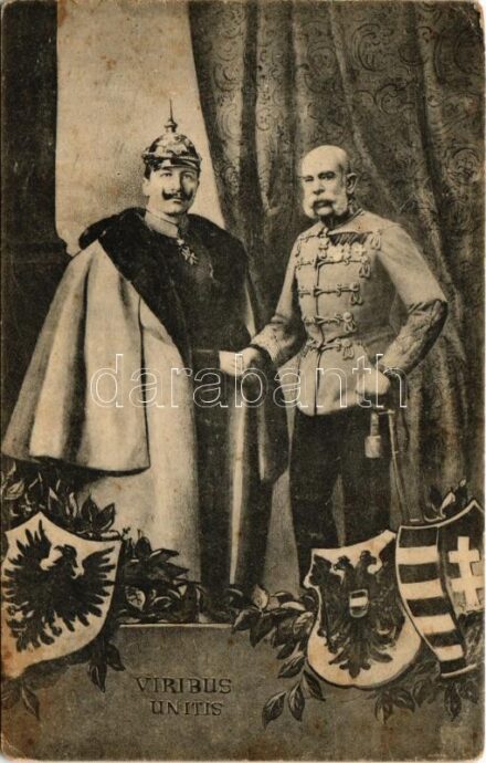 1918 II. Vilmos és I. Ferenc József / Wilhelm II, Franz Joseph I of Austria. WWI German and Austro-Hungarian K.u.K. military, Viribus Unitis propaganda with coats of arms (EK)