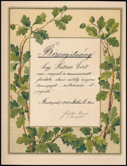 1929 Bp., Bizonyítvány a zeneművészeti főiskoláról
