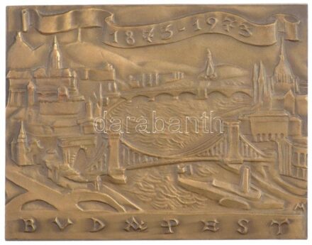 Madarassy Walter (1909-1994) 1973. 'Budapest 1873-1973' egyoldalas, öntött bronz plakett dísztokban (78x100,5mm) T:1