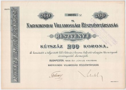 Nagykikinda 1908. 'Nagykikindai Villamossági Részvénytársaság' részvénye 200K-ról, szelvényekkel és szárazpecséttel, bélyegzésekkel T:I- / Hungary / Nagykikinda 1908. 'Electricity Share Company of Nagykikinda' share about 200 Kronen,