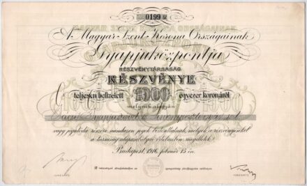 Budapest 1916. 'A Magyar Szent Korona Országainak Gyapjúközpontja Részvénytársaság' névre szóló részvénye 1000K-ról szelvényekkel T:I- / Hungary / Budapest 1916. 'The Wool Center of the Hungarian Holy Crown Countries Share Company'