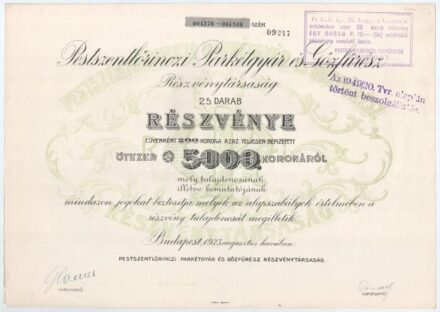 Budapest 1923. 'Pestszentlőrinczi Parkétgyár és Gőzfűrész Részvénytársaság' huszonöt részvénye egyben, összesen 5000K-ról, szelvényekkel, szárazpecséttel, felülbélyegzéssel T:I- / Hungary / Budapest 1923. 'Pestszentlőrinc