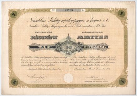 Budapest 1926. 'Neuschlosz-Lichtig Repülőgépgyár és Faipari Részvénytársaság' részvénye 10P-ről szelvényekkel, szárazpecséttel T:II kis szakadások / Hungary / Budapest 1926. 'Neuschlosz-Lichtig Repülőgépgyár és Faipari R.T.