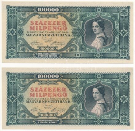 1946. 100.000MP (2x) 'B 239 065107 - 065108' sorszámkövetők T:I-,II hajtatlan Adamo P30