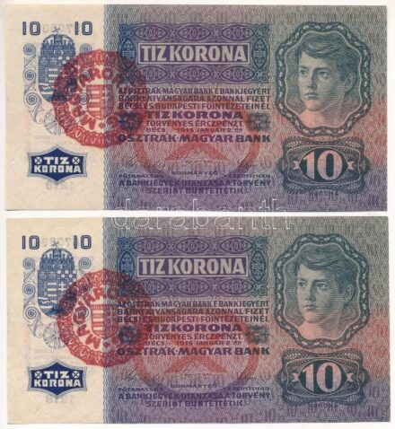1915. 10K (2x) '1218 870389-870390' sorszámkövetők, piros 'MAGYARORSZÁG' felülbélyegzéssel T:II az egyik hajtott Adamo K11