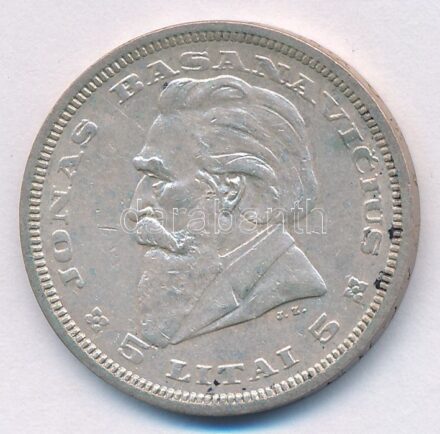 Litvánia 1936. 5L Ag 'Jonas Basanavičius' T:2 Lituhania 1936. 5 Litu 'Jonas Basanavičius' C:XF Krause KM#82