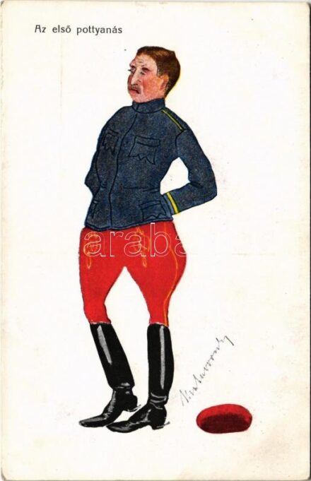 Az első pottyanás / Austro-Hungarian K.u.K. military art postcard, hussar. Rotophot Budapest 2992. s: Matavovszky (EK)