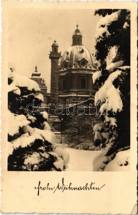 Wien, Vienna, Bécs; Karlskirche. Frohe Weihnachten! / church in winter. Christmas greetings (Rb)