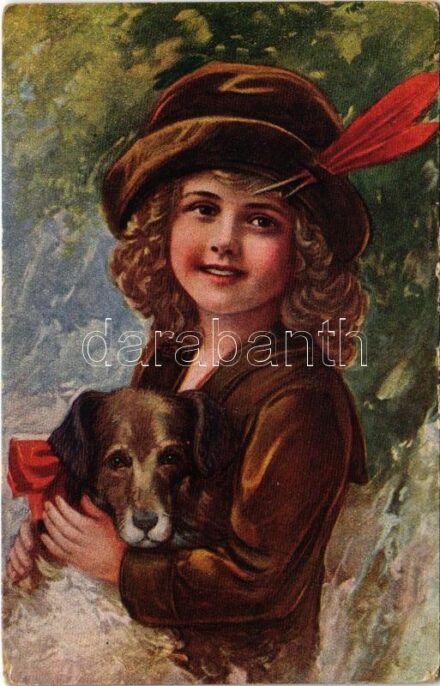 Unsere Lieblinge / Children art postcard, girl with dog (worn corners)
