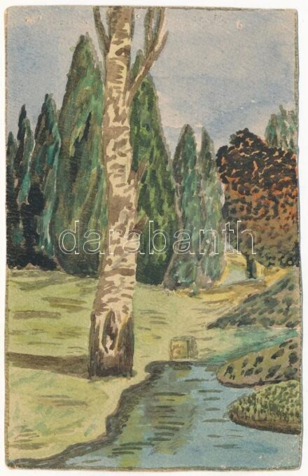 Hand-drawn and hand-painted art postcard (vágott / cut)