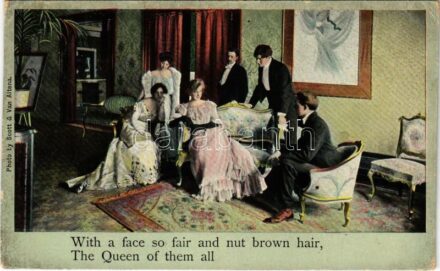 1908 'With a face so fair and nut brown hair, The Queen of them all' romantic couple. Photo by Scott & Van Altena. Theodor Eismann, Leipzig and New York Illustrated Song Serie No. 1823/2. (vágott / cut)