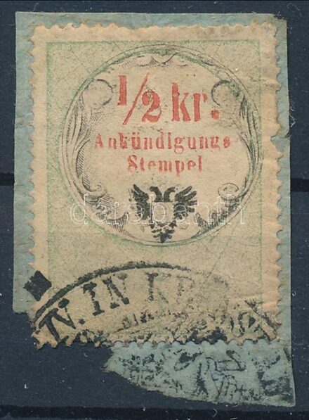 1854 Hírdetményes bélyeg 1/2kr eltolódott fekete színnyomattal, KRONSTADT bélyegzéssel