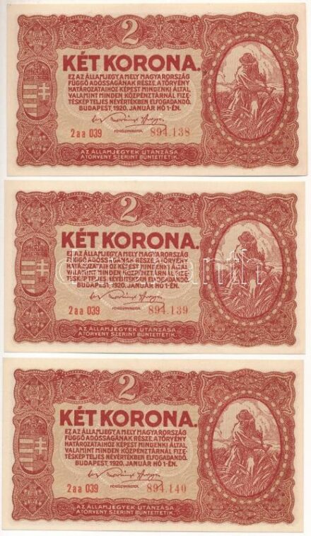 1920. 2K (3x) '2aa 039 894.138-894.140' sorszámkövetők T:I-,II hajtatlan Adamo K7
