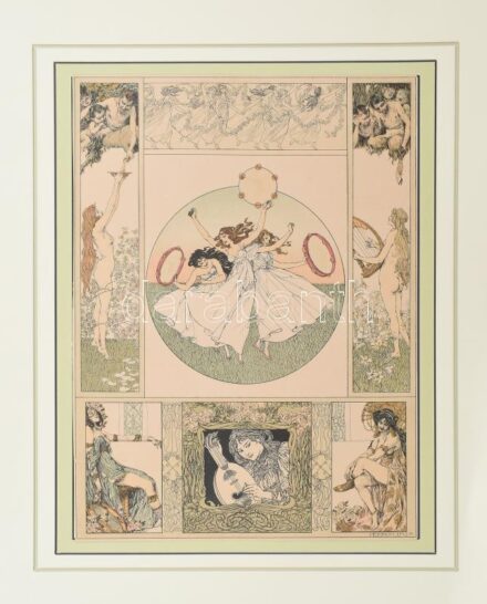 Heinrich Lefler (1863-1919): A tánc allegóriája. Litográfia, papír. Körbevágva, lapra kasírozva, kisebb szakadással, ragasztott, 30x22 cm