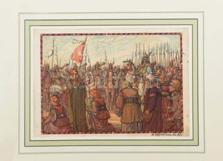 Helbing Ferenc (1870-1958): A honfoglalás (Magyar hunmondák). Színes nyomat, papír. Modern paszpartuban, kisebb lapszéli sérüléssel, foltokkal, 27,5x20 cm