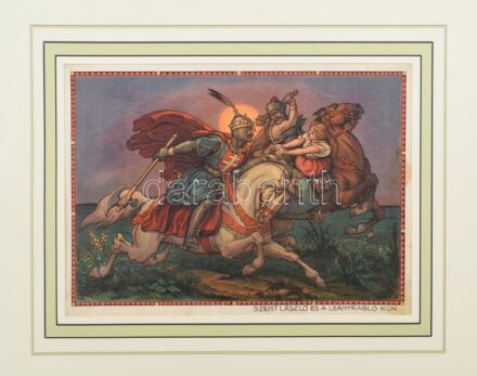 Helbing Ferenc (1870-1958): Szent László és a leányrabló kún (Magyar hunmondák). Színes nyomat, papír. Modern paszpartuban, kisebb foltokkal, 27,5x20 cm