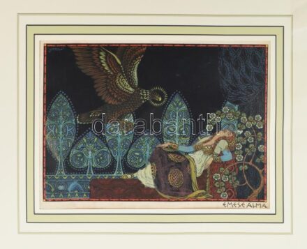 Helbing Ferenc (1870-1958): Emese álma (Magyar hunmondák). Színes nyomat, papír. Modern paszpartuban, lapszéli sérülésekkel, foltokkal, 27,5x20 cm