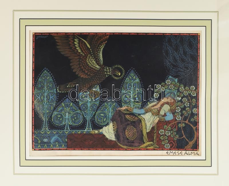 Helbing Ferenc (1870-1958): Emese álma (Magyar hunmondák). Színes nyomat, papír. Modern paszpartuban, lapszéli sérülésekkel, foltokkal, 27,5x20 cm