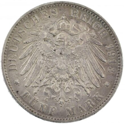 Német Államok / Württemberg 1913F 5M Ag 'II. Vilmos' Berlin T:1-,2 patina German States / Württemberg 1913F 5 Mark Ag 'Wilhelm II' Berlin C:AU,XF patina Krause KM#632