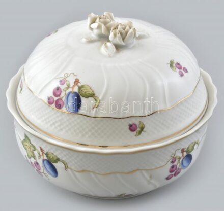 Hollóházi rózsás bonbonier, matricás, jelzett, kopott, m: 14 cm d: 17 cm