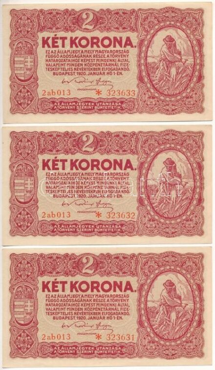 1920. 2K (3x) '2ab 013 * 323631-323633' csillagos sorszám, sorszámkövetők T:I-,II apró folt Adamo K7/1
