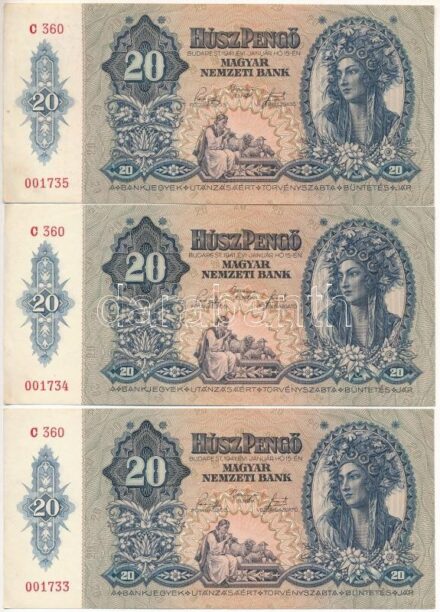 1941. 20P (3x) 'C360 001733-001735' sorszámkövetők T:II-III folt Adamo P12