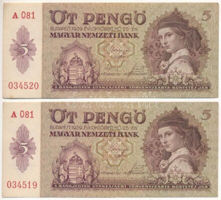 1939. 5P (2x) 'A 081 034519-034520' sorszámkövetők T:II-III kis folt Adamo P6