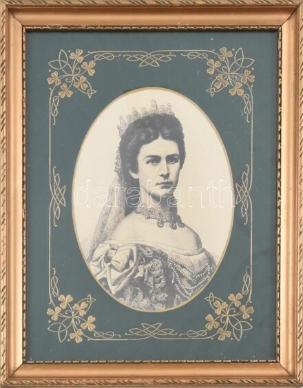 Dekoratív, üvegezett képkeret paszpartuval, benne Erzsébet királnyé (Sissi, Sisi) portréja, 26x20,5 cm