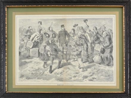 cca 1880-1890 Szegedi képek: A király látogatása (I. Ferenc József). Fametszet, papír, paszpartuban, üvegezett fa keretben, 32,5x22,5 cm