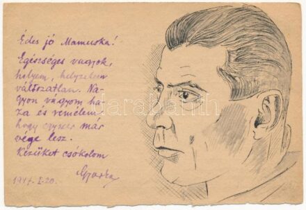 1947 Orosz hadifogolytáborból küldött kézzel rajzolt tábori levelezőlap / Hungarian military, hand-drawn field postcard sent from a Russian POW (prisoner of war) camp (EB)