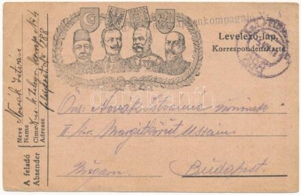 1918 Tábori Postai Levelezőlap a Központi hatalmak katonai vezéreivel / WWI Austro-Hungarian K.u.K. military field postcard, Viribus Unitis propaganda with Central Powers leaders. Franz Joseph I of Austria, Wilhelm II, Ferdinand I of Bulgaria,