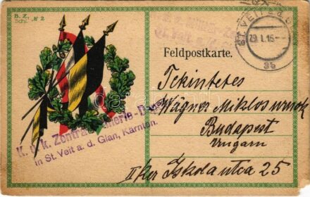 1916 Első világháborús tábori postai levelezőlap / WWI German and Austro-Hungarian K.u.K. military field postcard, Viribus Unitis propaganda with flags + 'K.u.K. Zentral Artillerie-Depot in St. Veit a. d. Glan Kärnten' (EM)