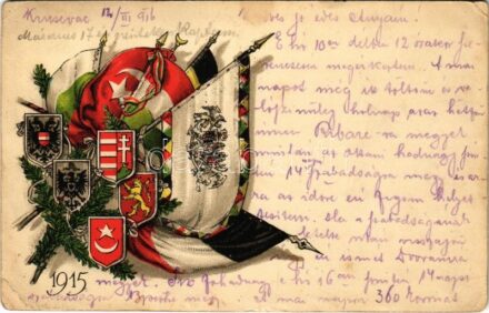 1916 Első világháborús tábori postai levelezőlap a Központi Hatalmak zászlóival és címereivel. Karácsony a harctéren 1915. A Hadsegélyező Hivatal és a Vöröskereszt együttes akciója / WWI German and Austro-Hungarian K.u.K.