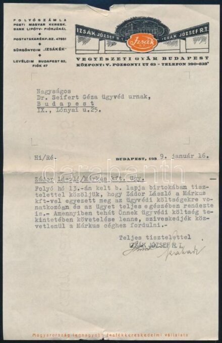 1939 Izsák József Rt. fejléces levél
