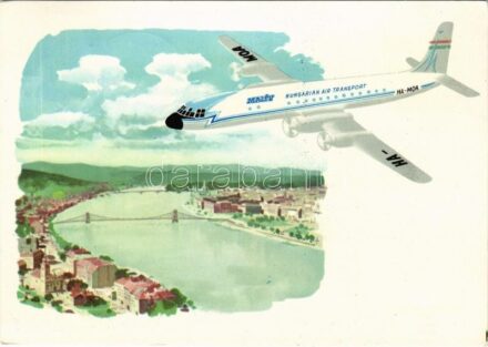 A MALÉV IL-18 típusú turbólégcsavaros repülőgépe Budapest felett. Magyar Légiközlekedési Vállalat. Képzőművészeti Alap Kiadóvállalat / MALÉV's turbo-prop airliner type IL-18 over Budapest. Hungarian Air Transport + 'A levegő