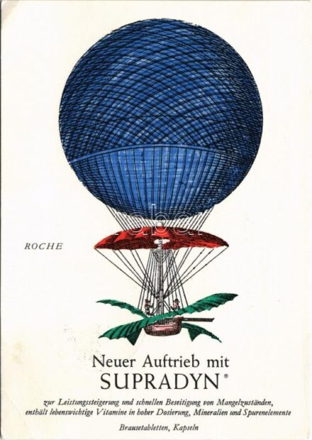 1964 Neue Auftrieb mit Supradyn. Brausetabletten, Kapseln. Deutsche Hoffmann-La Roche Ag. Via Ballon zu Gunsten des Pestalozzi-Kinderdorfes Wahlwies / German medicine advertisement (EK)