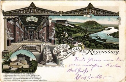 1897 (Vorläufer!) Donaustauf, Gruss aus der Walhalla bei Regensburg. Walhalle Inneres, Ludwig I. König v. Bayern, Walhalla mit Panorama v. Donaustauf / German national memorial. Art Nouveau, floral, litho (cut)