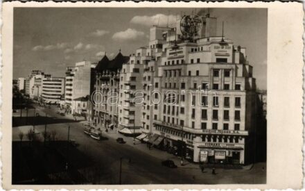 Bucharest, Bukarest, Bucuresti, Bucuresci; street view, tram, shops, Cinema Scala, Rudolf Mosse S.A., Suchard, Bayer Aspirin, Sun Sun London. photo