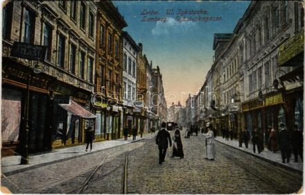 1916 Lviv, Lwów, Lemberg; Ul. Sykstuska / Sykstuskagasse / street view, shops, tram + 'K.u.K. Infanterieregiment Nr. 72.' (EB)