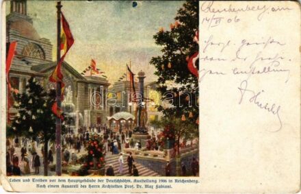 1906 Liberec, Reichenberg; Leben und Treiben vor dem Hauptgebäude der Deutschböhm. Ausstellung 1906 in Reichenberg / The Bohemian German Exhibition s: Prof Dr. Max Fabiani (EM)
