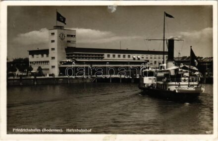 1937 Friedrichshafen (Bodensee), Hafenbahnhof / port, swastika flags. NSDAP German Nazi Party propaganda (EK)