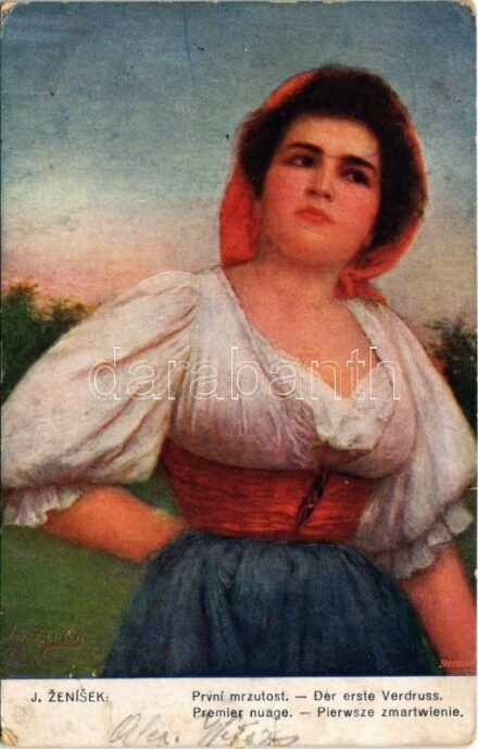 První mrzutost / Der erste Verdruss / Lady art postcard s: J. Zenísek (szakadás / tear)