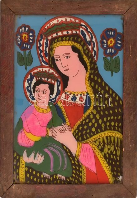 Jelzés nélkül: Erdélyi festett üveg ikon, fa keretben, 39×26 cm