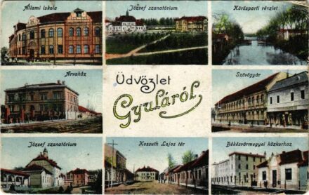 Gyula, Állami iskola József szanatórium, Köröspart, Árvaház, Kossuth Lajos tér, szövőgyár, Békésvármegyei közkórház, Fábián Lajos üzlete (EK)