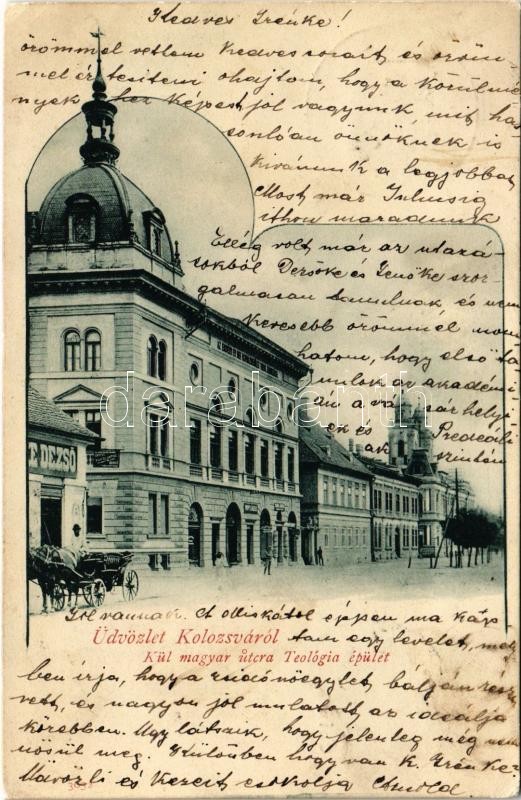 1901 Kolozsvár, Cluj; Kül magyar utca, Teológiai épület, üzlet / street, shop, Theological Institute (fl)