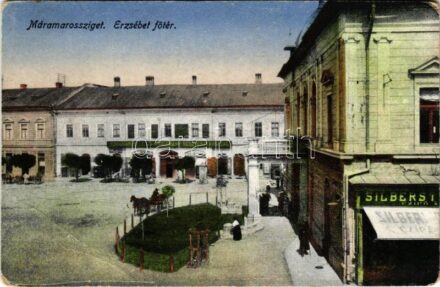 Máramarossziget, Sighetu Marmatiei; Erzsébet főtér, Máramarosi leszámítolóbank részvénytársaság, Silberstein üzlete / main square, bank, shops (EB)